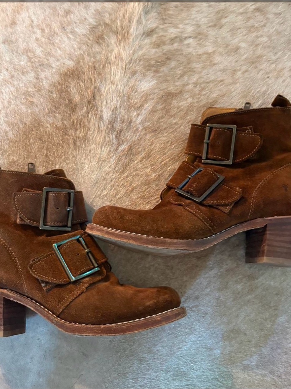 Frye Brown Suede Double-Buckle Heeled Ankle Boots